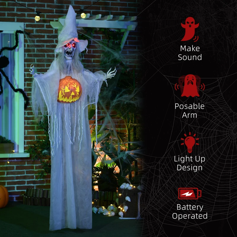 HOMCOM 6ft Outdoor Halloween Decoration Witch with Pumpkin, Hanging Skeleton Witch Prop Life Size with Sound and Motion Activated, Light Up Eyes, Laughing Sound, Posable Arms, White