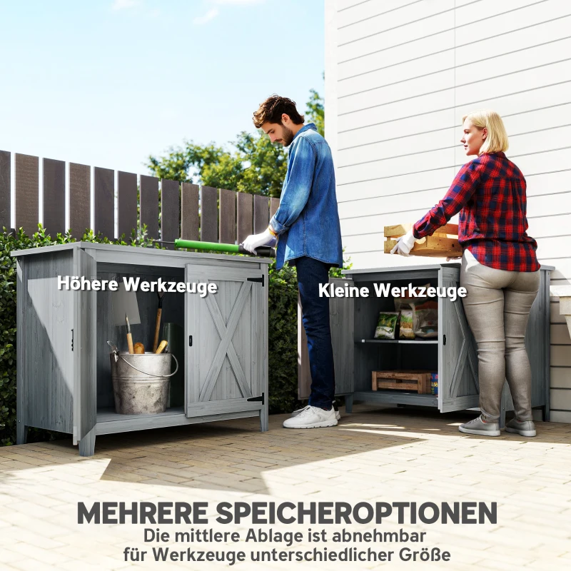 Outsunny Tuinkast, houten kast voor tuingereedschap, outdoor kast voor terras, met dubbele deuren, schuurdesign, lichtgrijs