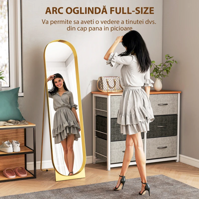 HOMCOM Oglindă de podea modernă cu cadru din metal, autoportantă sau de perete, 40x150 cm, auriu