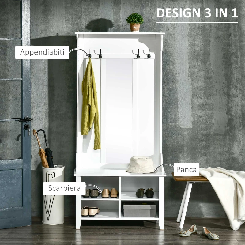 HOMCOM Appendiabiti Attaccapanni da Terra con Specchio Scarpiera 4 Ganci Legno 80x40x170cm Bianco