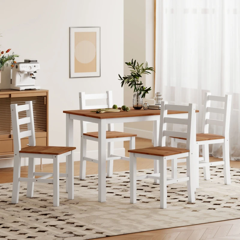 HOMCOM Eetset met eettafel en 4 stoelen, eetkamerset van grenenhout, bruin+wit