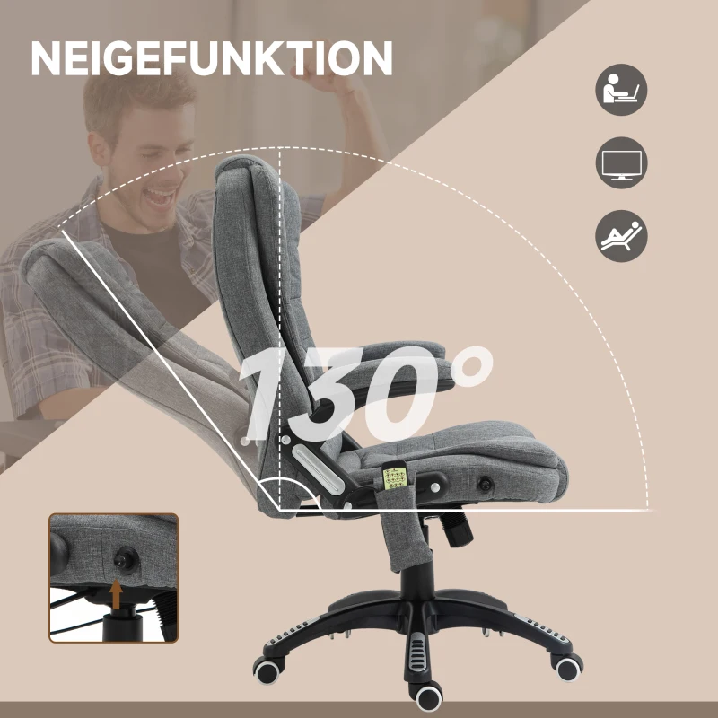 Vinsetto® kantoorstoel massagestoel draaistoel in hoogte verstelbaar 130° hoek linnen grijs 67 x 85 x 116 cm(m-7)