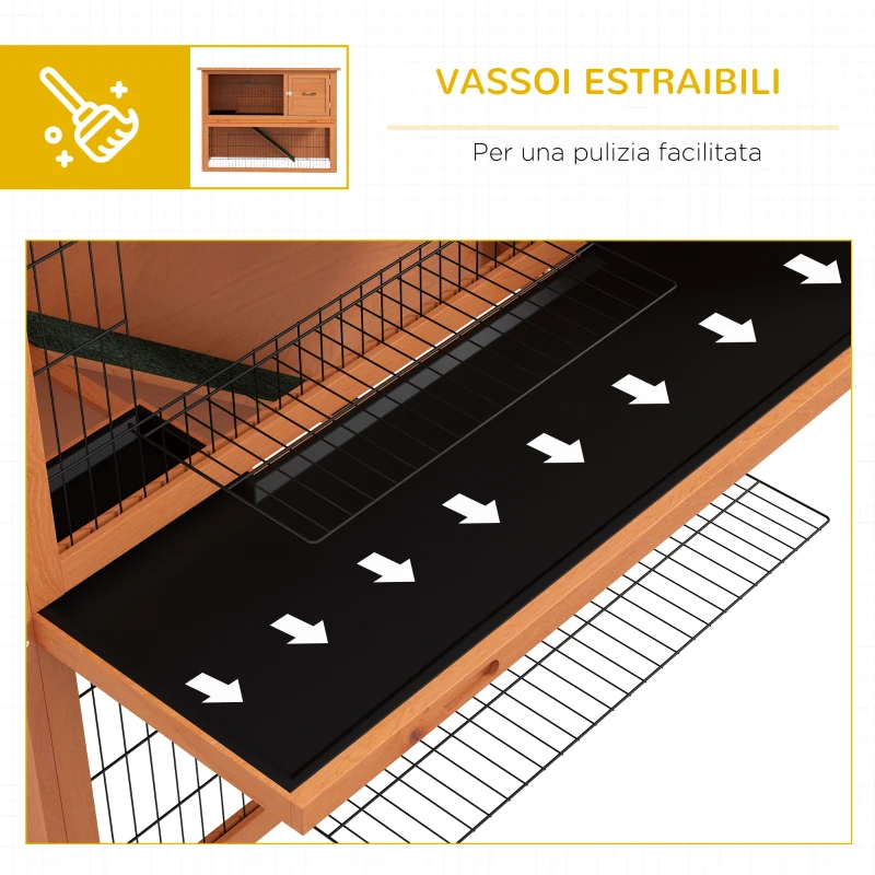 PawHut Conigliera da Esterno a 2 Livelli in Legno con Vassoio Rimovibile per 1-2 Conigli, Arancione