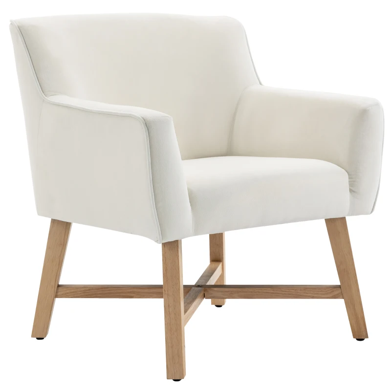 HOMCOM Butaca de Salón Tapizada en Terciopelo con Reposabrazos Acolchados y Patas de Madera Cruzadas 67x65x74 cm Blanco Crema