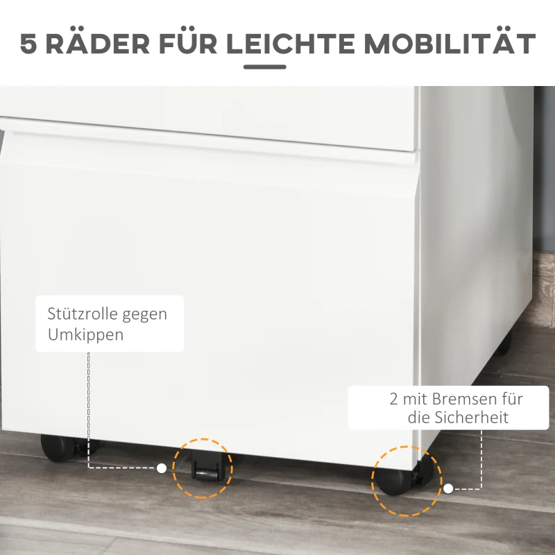 HOMCOM Rolcontainer met 3 lades – Mobiele archiefkast met wielen, afsluitbaar Bureau- en thuiskantoor kast met concave grepen, 39 x 48 x 60 cm,Wit