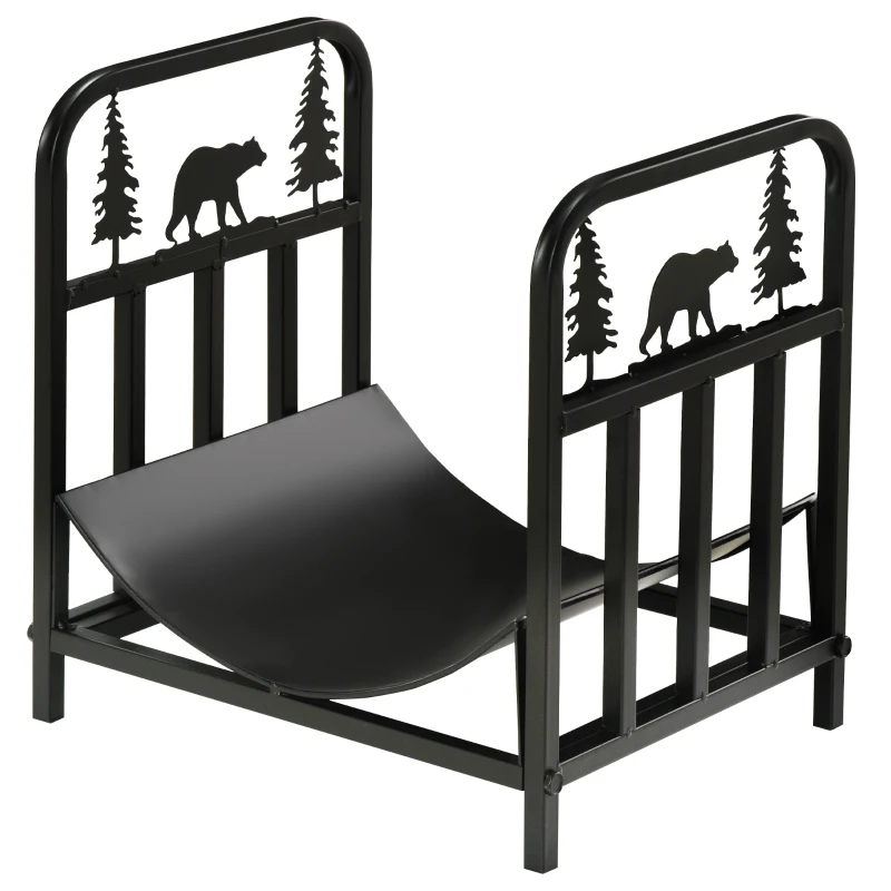 Outsunny Metal Firewood Log Holder Indoor Outdoor Firewood Rack Inner Arced Fireplace Wood Storage Shelf w/ Bear Shape Design, Rust-Resistant, Black, 42W x 33.5D x 43H cm