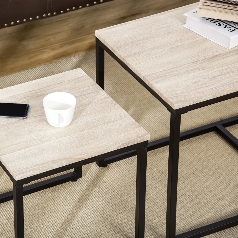 3-delige set bijzettafel salontafel nesttafel koffietafel metalen poot MDF naturel