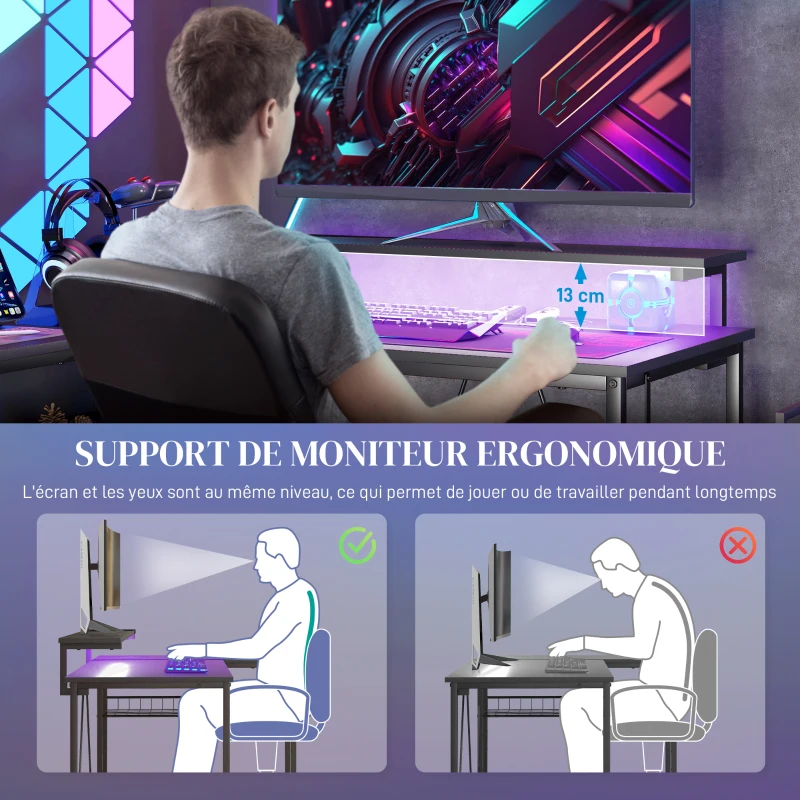 HOMCOM Bureau d'angle réversible, bureau d'ordinateur avec LED, 2 prises et 2 ports USB et panier réglable, 107x80x90cm, noir