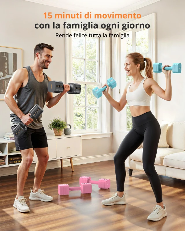 Set di manubri regolabili 5‑in‑1 (2 pezzi), design quadrato anti-rotolamento, con impugnatura morbida in TPU, 34x26x16 cm, Grigio