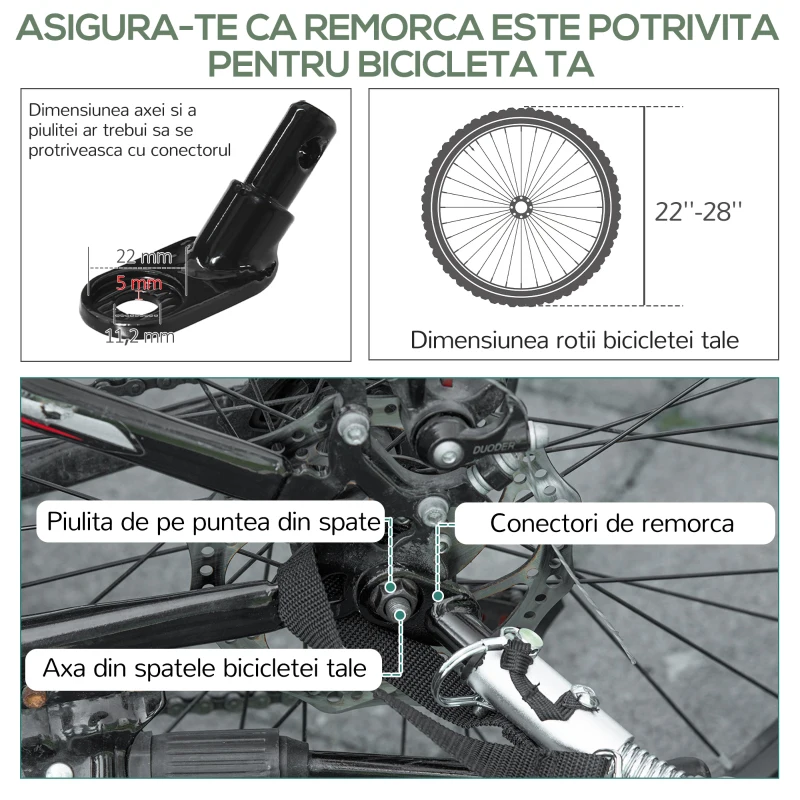 HOMCOM Remorcă pentru bicicletă de 70L cu 2 roți de 16", 2 reflectoare și steguleț, din oțel și PE, 125x64x53.5 cm, negru