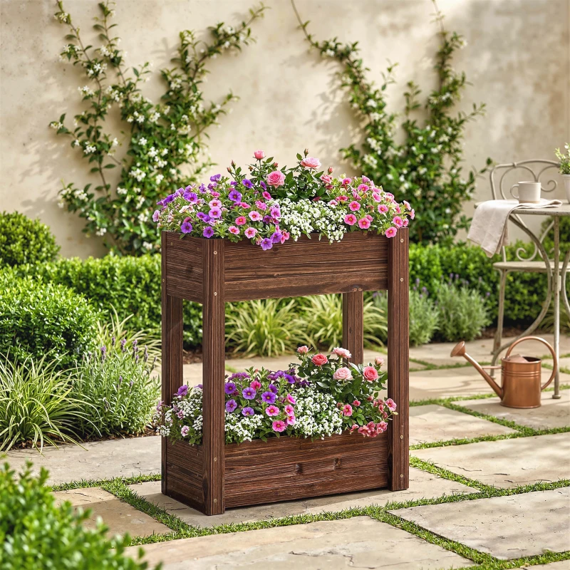Outsunny 2-Tier Wooden Raised Planter, Raised Garden Bed on Legs with Drainage Holes and Bed Liner, Elevated Garden Planter