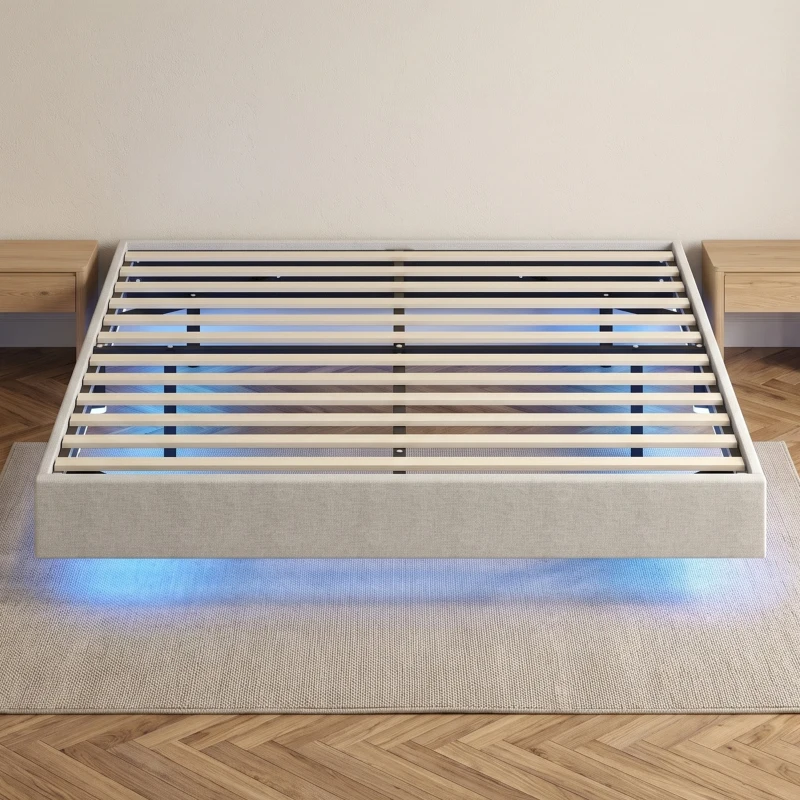 HOMCOM Cama Flutuante 160 x 200 cm com Iluminação LED Inteligente, Estrado de Casal Estofado em Linho, Montagem Fácil, Bege