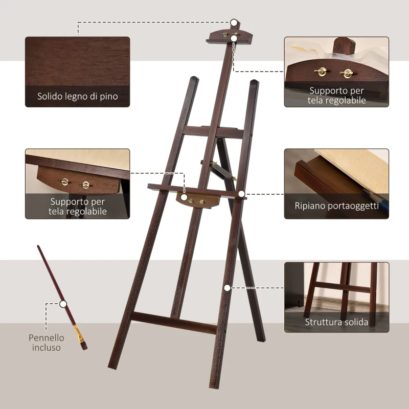HOMCOM Cavalletto Pittura, 135 cm Cavalletto Treppiede per Dipingere su Tela, Cavalletto in Legno di Pino Regolabile, Portatile e Pieghevole con Pennello per Studio, Artisti e Pittori, Caffè