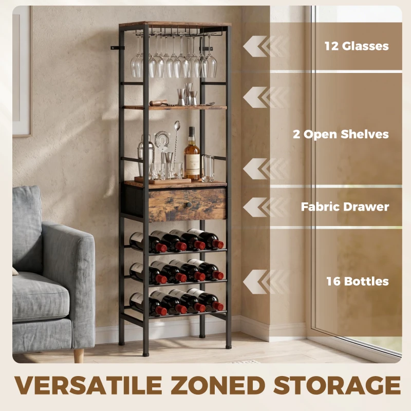 HOMCOM Industrial Wine Bar Cabinet Freestanding Liquor Cabinet 16-Bottle Wine Rack Glass Holder Rustic Brown