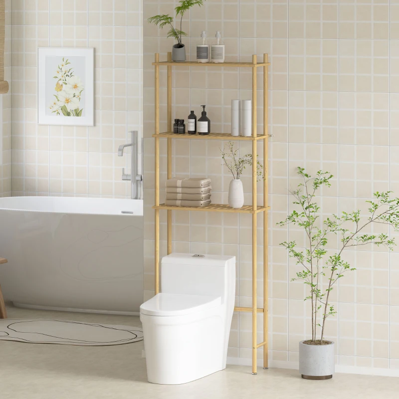 HOMCOM Mobile Sopra WC a 3 Ripiani a Doghe Salvaspazio in Bambù, 63.5x25.5x181 cm, color Legno