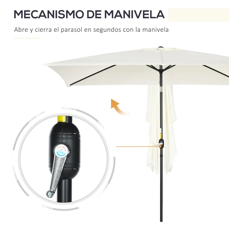 Outsunny Sombrilla de Aluminio 200x300x253 cm Parasol Rectangular de Jardín Inclinable con Manivela y Poste Desmontable Crema