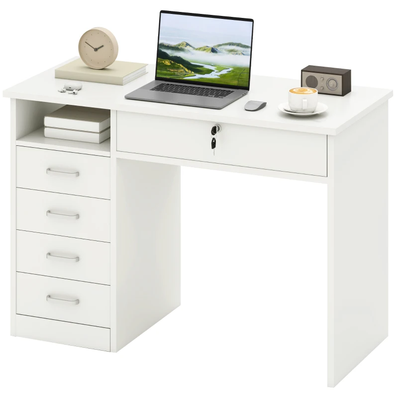 HOMCOM Scrivania per Camera o Ufficio in Legno con 2 Cassetti e 2 Chiavi, 110x50x76cm - Bianco