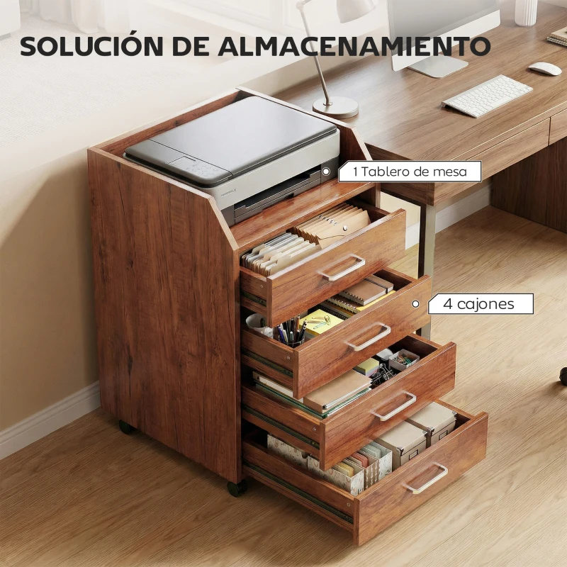 Vinsetto Cajonera de Escritorio con Ruedas Cajonera de Oficina con 4 Cajones Archivador Móvil para Estudio 40x36x65 cm Marrón