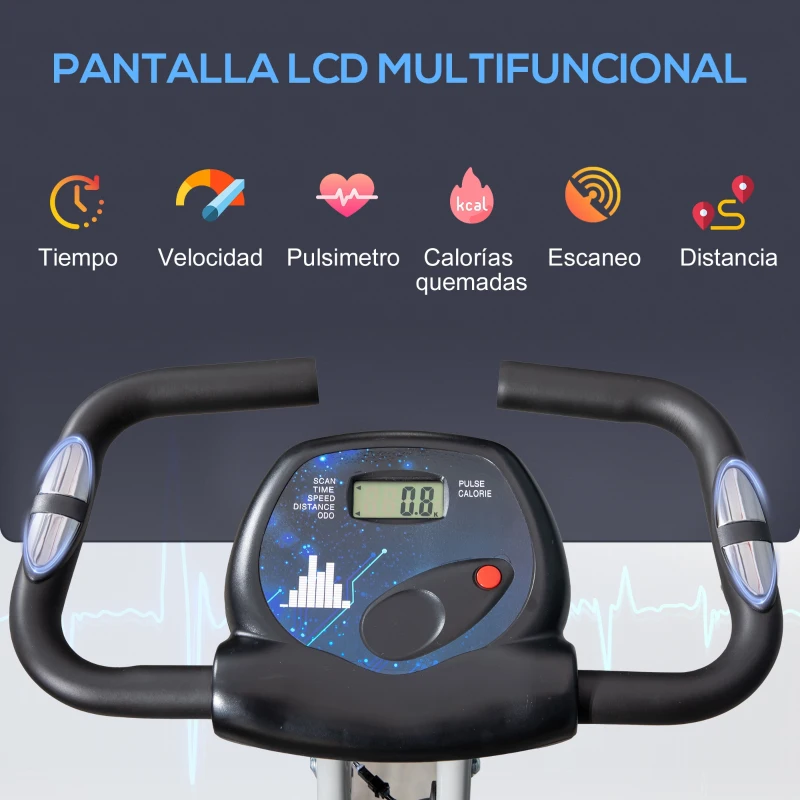 HOMCOM Bicicleta Estática Plegable con Respaldo 8 Niveles de Resistencia Volante Pantalla LCD Pulsómetro y Sillín Ajustable