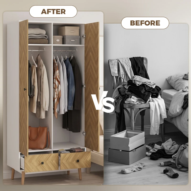HOMCOM Cabinet Wood-Effect Sticker Surface, Modern Wardrobe with 2 Hanging Rods, 2 Storage Shelves and 2 Drawers, White