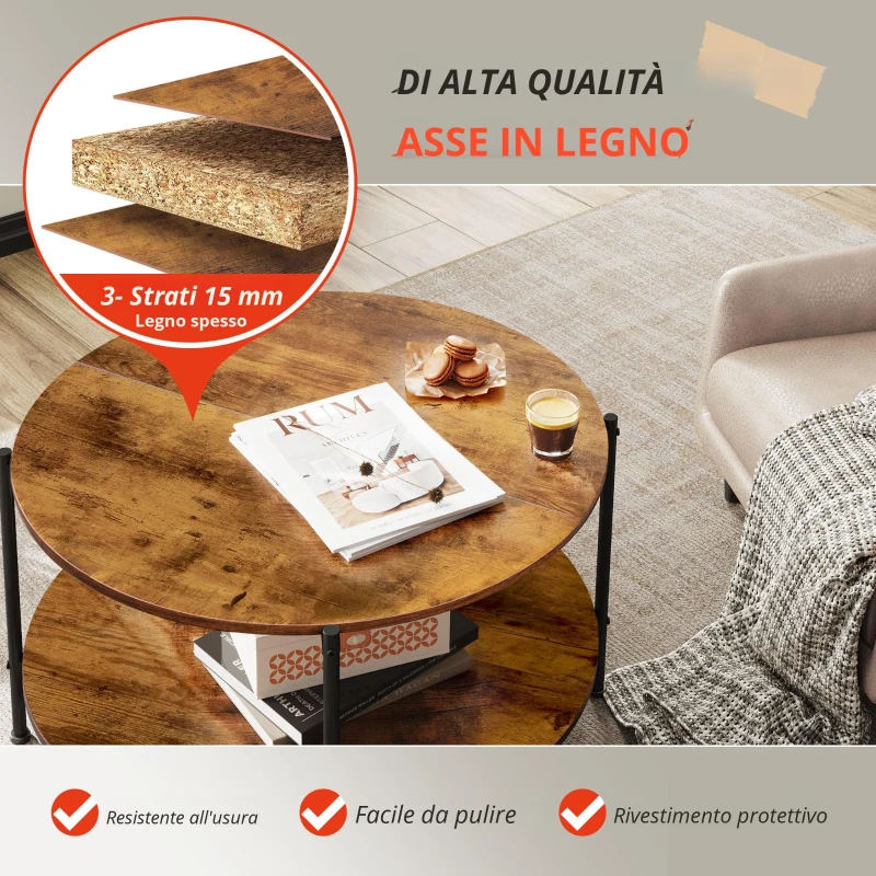Tavolino rotondo a due livelli, ampio spazio contenitivo, gambe regolabili, 83x83x44,5 cm, Marrone