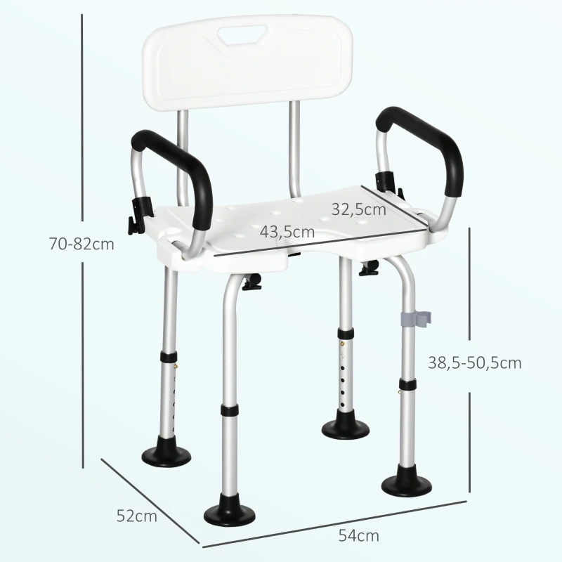 HOMCOM Chaise de douche, tabouret de douche réglable en hauteur avec dossier et accoudoirs rabattables, assise U, pieds antidérapants à ventouses, pour personnes âgées et handicapées, alu HDPE, blanc