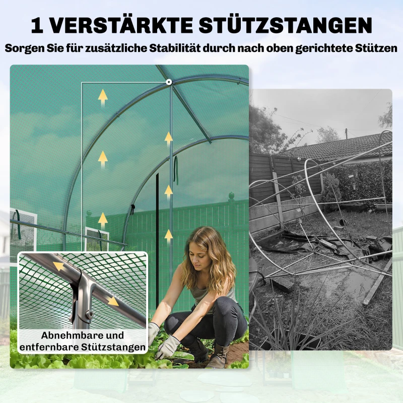Outsunny Kas 3 x 2 x 2 m Foliekas met oprolbare 2 ritssluitingsdeuren & 6 gaasramen, steunstangen, groen