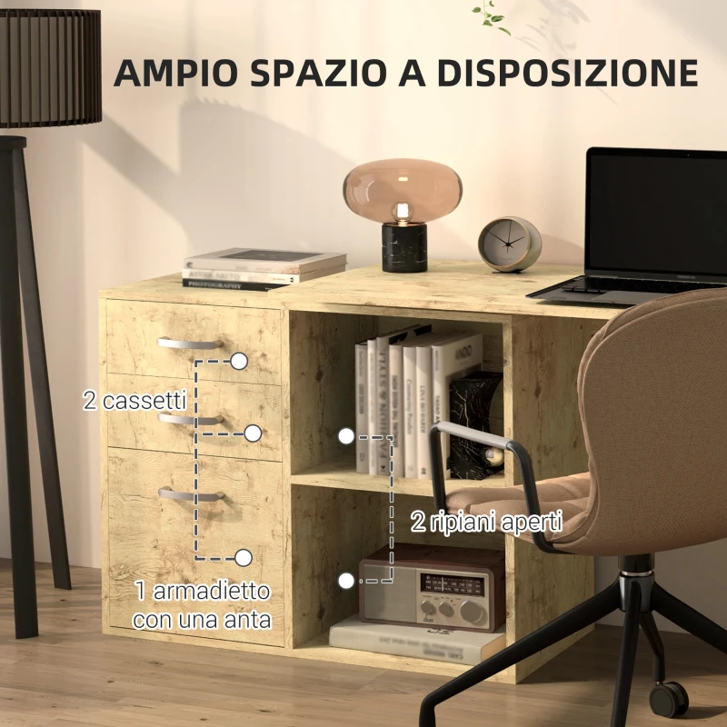 HOMCOM Scrivania Angolare per PC con 3 Cassetti e Ripiani Aperti, in Legno e Metallo, 117x83.5x76 cm, Noce