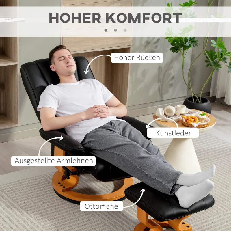 HOMCOM Relaxfauteuil met Hocker, draaibaar & kantelbaar, Kunstleren bekleding, tot 150 kg, Houten frame, Zwart