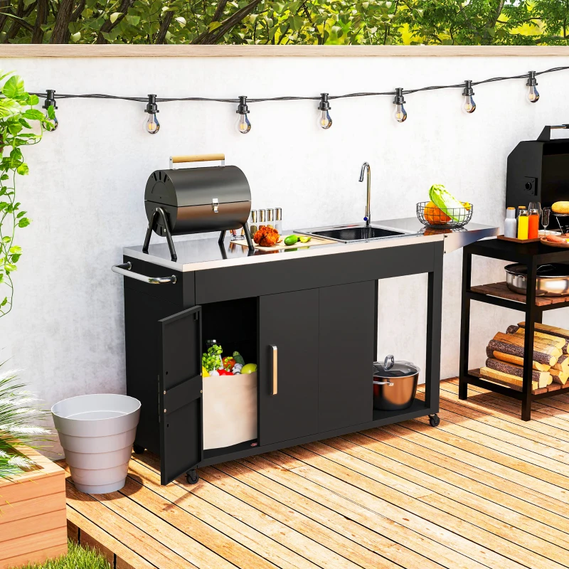 Outsunny Grillwagen Serveerwagen met Werkblad, Uitklapbare Zijplank, Kast, Spoelbak, Wielen, Roestvrij Staal 162,5x47x87cm Zwart