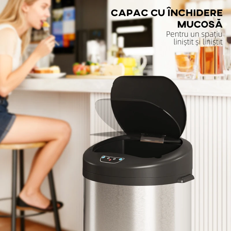 HOMCOM Coș de Gunoi de 55L cu Senzor pentru Deschidere Automată și Închidere Silențioasă, 32x30x72.5 cm, Argintiu
