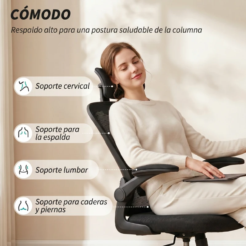 HOMCOM Silla de Escritorio de Malla Transpirable con Altura Ajustable Reposacabezas y Soporte Lumbar Ajustables Negro
