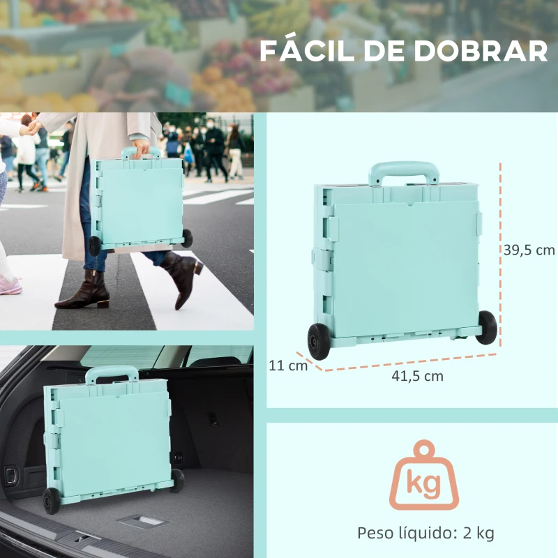 HOMCOM Carrinho de Armazenamento Dobrável Carrinho de Compras com 2 Rodas Capacidade 32L para Casa 41,5x32,5x85 cm Verde
