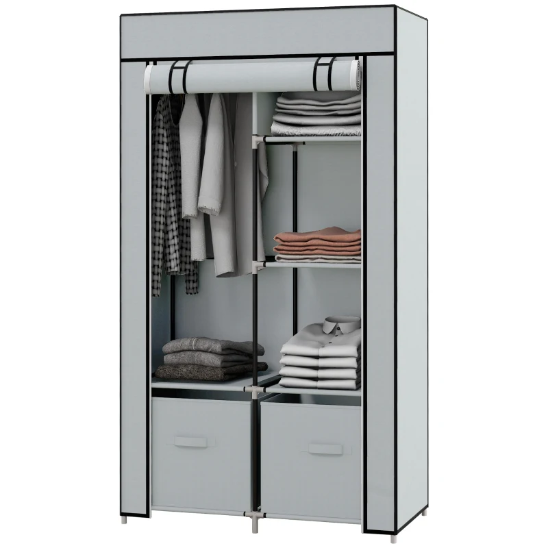 HOMCOM Kledingkast Stoffen Kast 1 Kledingstang, 2 Laden, 83 x 42,5 x 162,5 cm, Grijs