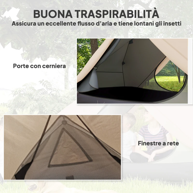 Outsunny Tenda da Campeggio 2 Posti con 2 Vestiboli, 2 Porte, 2 Finestre e Borsa di Trasporto, 2.8x2.25x1.1 cm, Beige