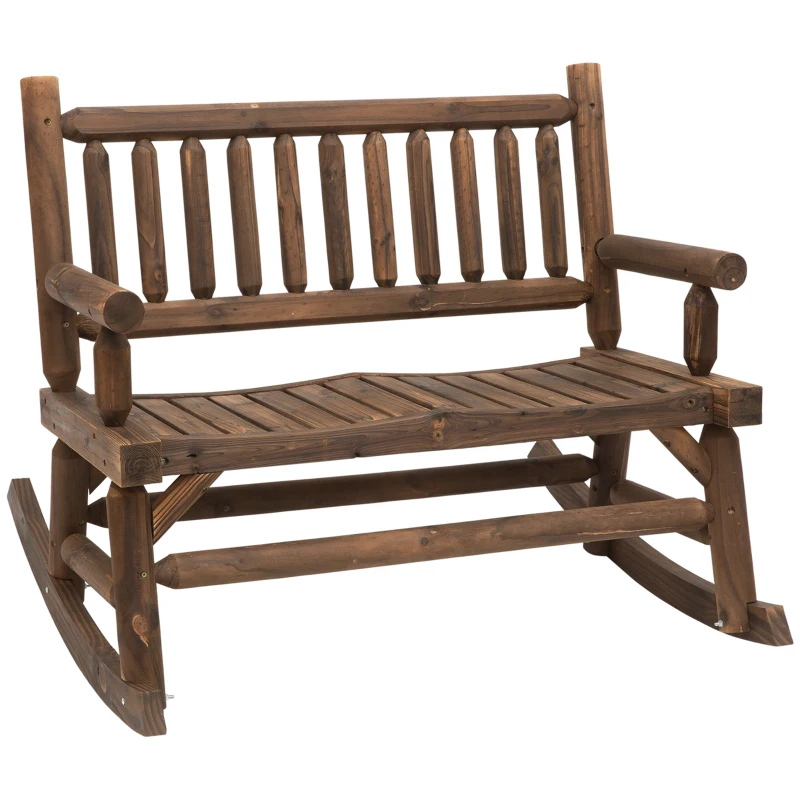 Outsunny Banc à Bascule de Jardin 2 Places Style Rural Chic Structure Dossier accoudoirs Aspect rondins de Bois Assise à Lattes Sapin traité carbonisation