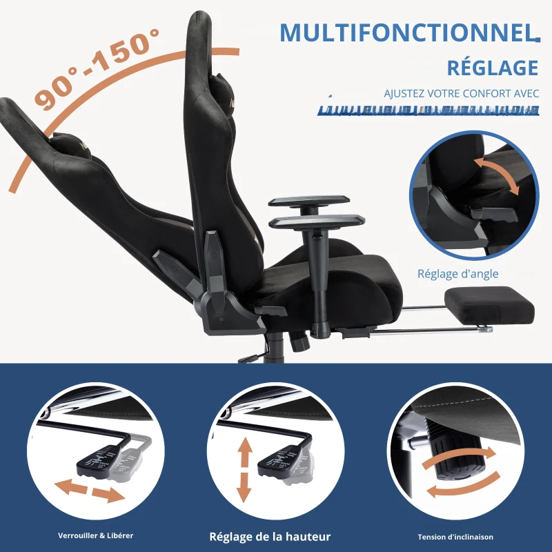 Chaise gaming avec repose-pieds, en similicuir suédé respirant, réglable en hauteur avec vérin à gaz, pivotante, 70x70x135 cm, Noir