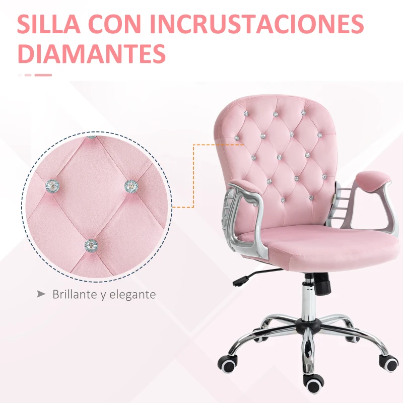 Vinsetto Silla de Escritorio de Terciopelo con Altura Ajustable Reposabrazos y Decoraciones de Diamantes 59,5x60,5x93-103 cm Rosa