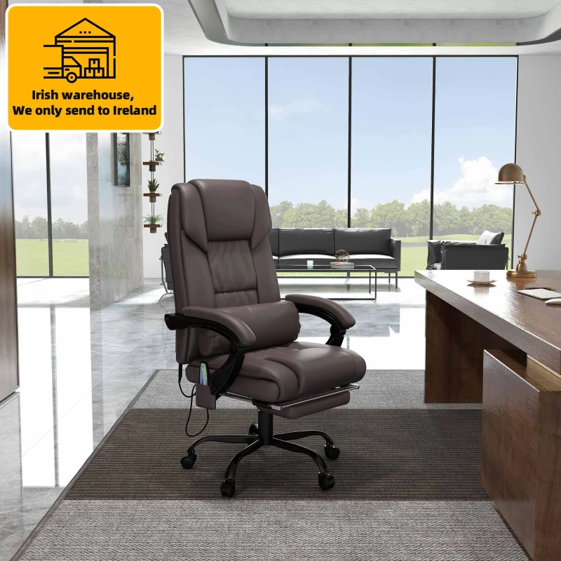 Vinsetto PU Leather Office Chair with 6-Point Vibration Massage, Reclining Chair Office with Footrest, Adjustable Height, Computer Chair, Brown
