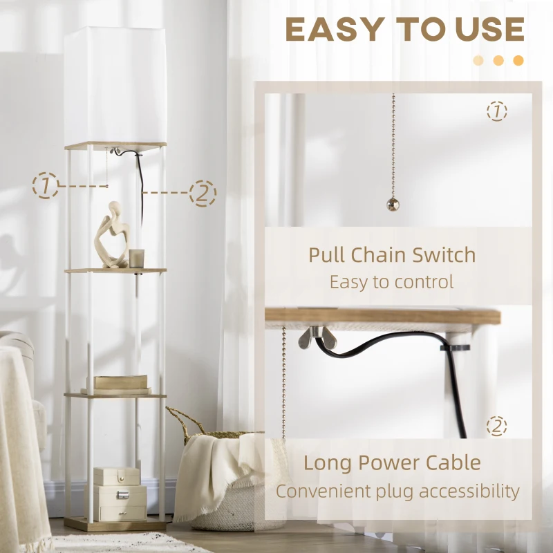 HOMCOM Modern Metal Floor Lamp with Shelves, 3 Layer Shelf Tall Standing Lamp with Fabric Lampshade, Pull Chain Switch for Living Room, Bedroom, Bulb not Included, White