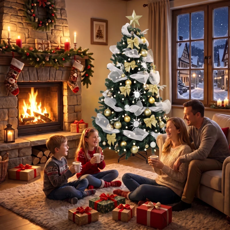 HOMCOM Weihnachtsbaum 180cm mit 200 warmweißen LEDs, 8 Modi, 800 feuerhemmende Zweige, Kugeln, Bänder, Schleifen