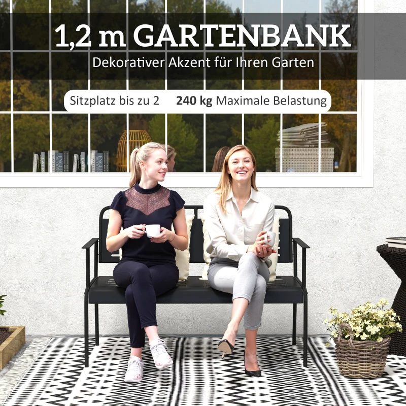 Outsunny 2-Persoons Weerbestendige Tuinbank, Waterbestendige Tuinmeubels met Rug- & Armleuningen 121 x 64 x 84cm, Zwart