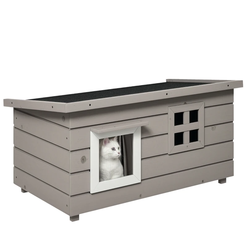 PawHut Buiten Kattenhuis Groot Modern Luxe Sparhout met Raam voor Katten Grijs Zwart