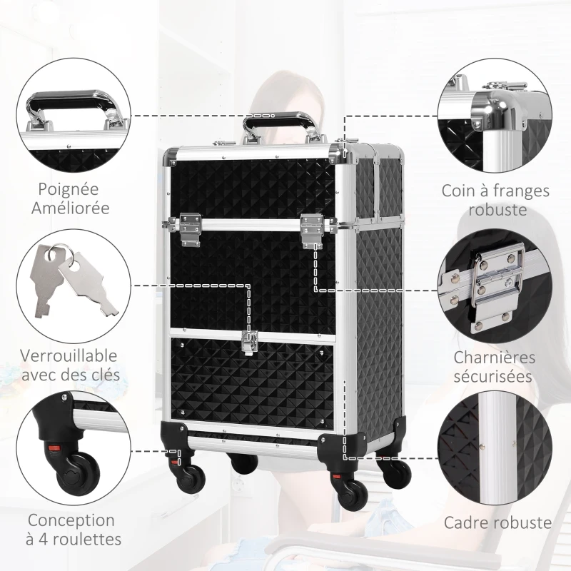 HOMCOM Valise trolley maquillage mallette cosmétique vanity poignée télescopique réglable 34L x 25l x 62H cm alu. noir