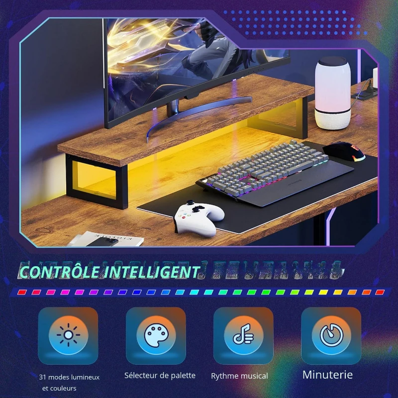 Bureau d'angle en L, LED pilotable via application et station d'alimentation intégrée, 167,5x50x87,5 cm, marron