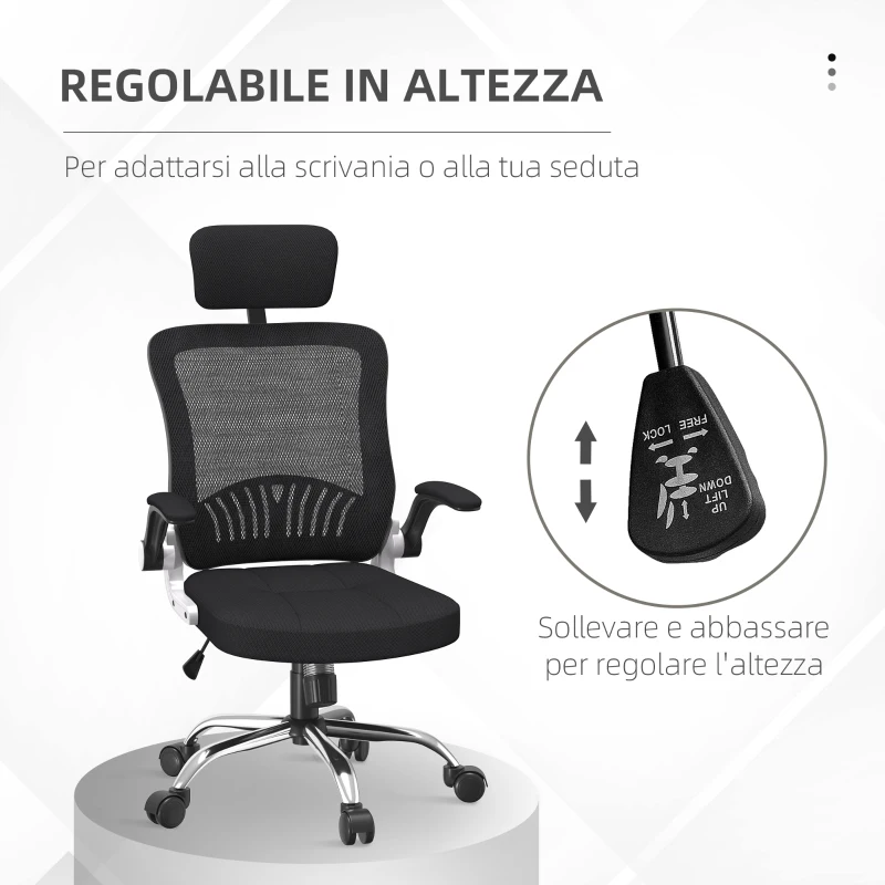 HOMCOM Sedia da Ufficio con Poggiatesta e Altezza Regolabili, Tessuto a Rete e Braccioli Ribaltabili, Nero