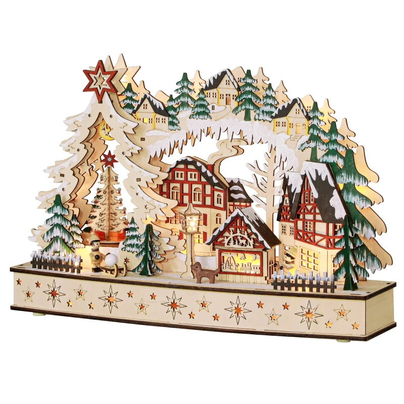 HOMCOM Kerstdorp in Winterwonderland, 20 LED-Lichten, Meerlaags, Natuurhout, 45 x 12 x 30 cm
