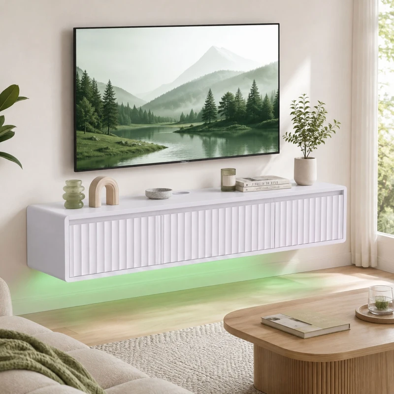 HOMCOM Corp TV Suspendat Flotant 120 cm cu Iluminare LED și Prize, Mobilier TV pentru Televizor 165,1 cm, Alb