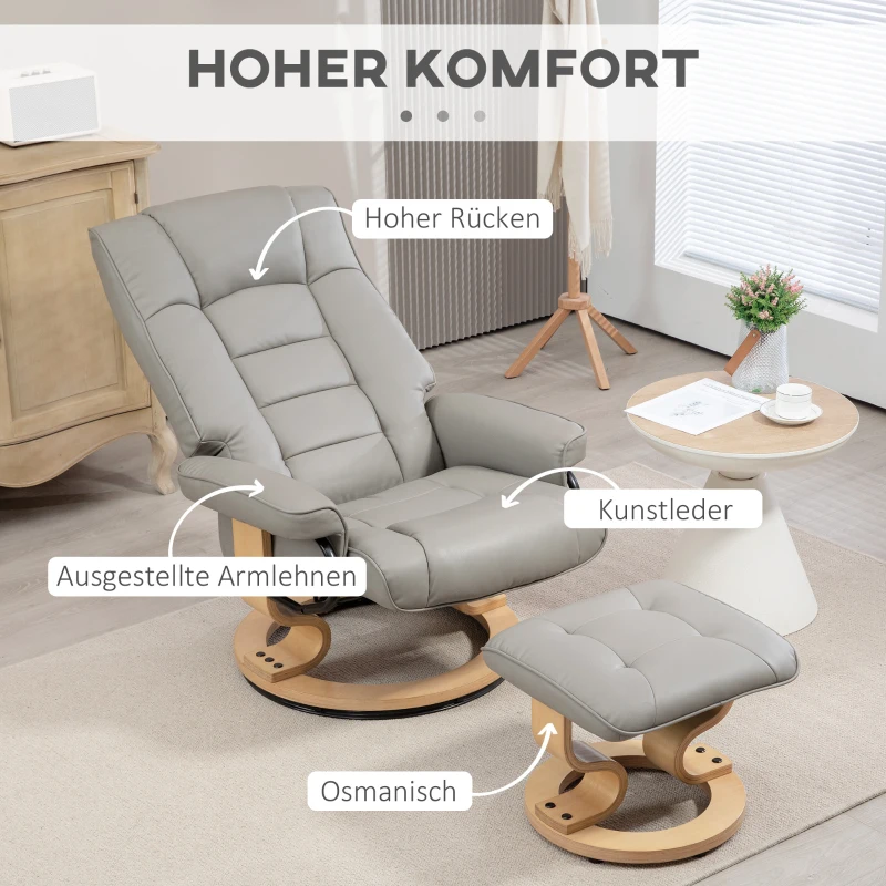 HOMCOM Relaxfauteuil met Voetenbankje, Draaibaar & Kantelbaar, Kunstlederen Bekleding, tot 150 kg, Houten Frame, Grijs