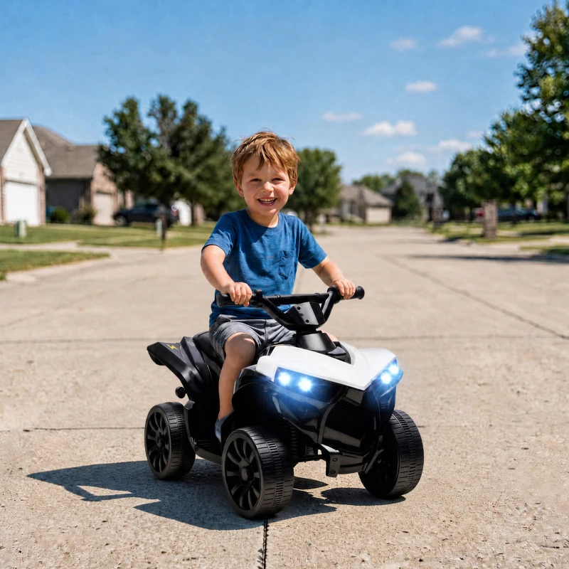 AIYAPLAY 6V Kids ATV, 4 Wheeler Electric Ride on Car with Music and LED Headlights, for Ages 18-56 Months Boys and Girls, White